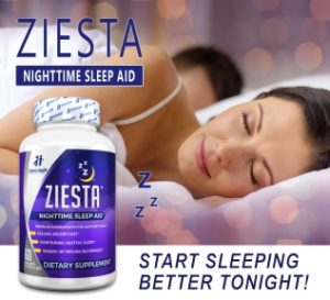 Ziesta nighttime sleep aid bottle and woman sleeping with caption Start sleeping better tonight!